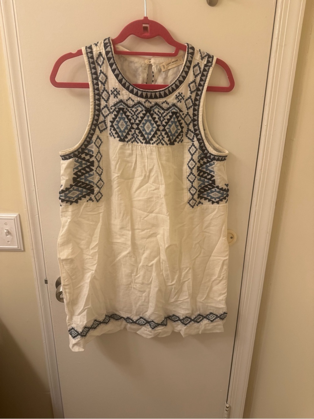 NWOT Lucky Brand Cream dress with Blue Geometric Embroidery